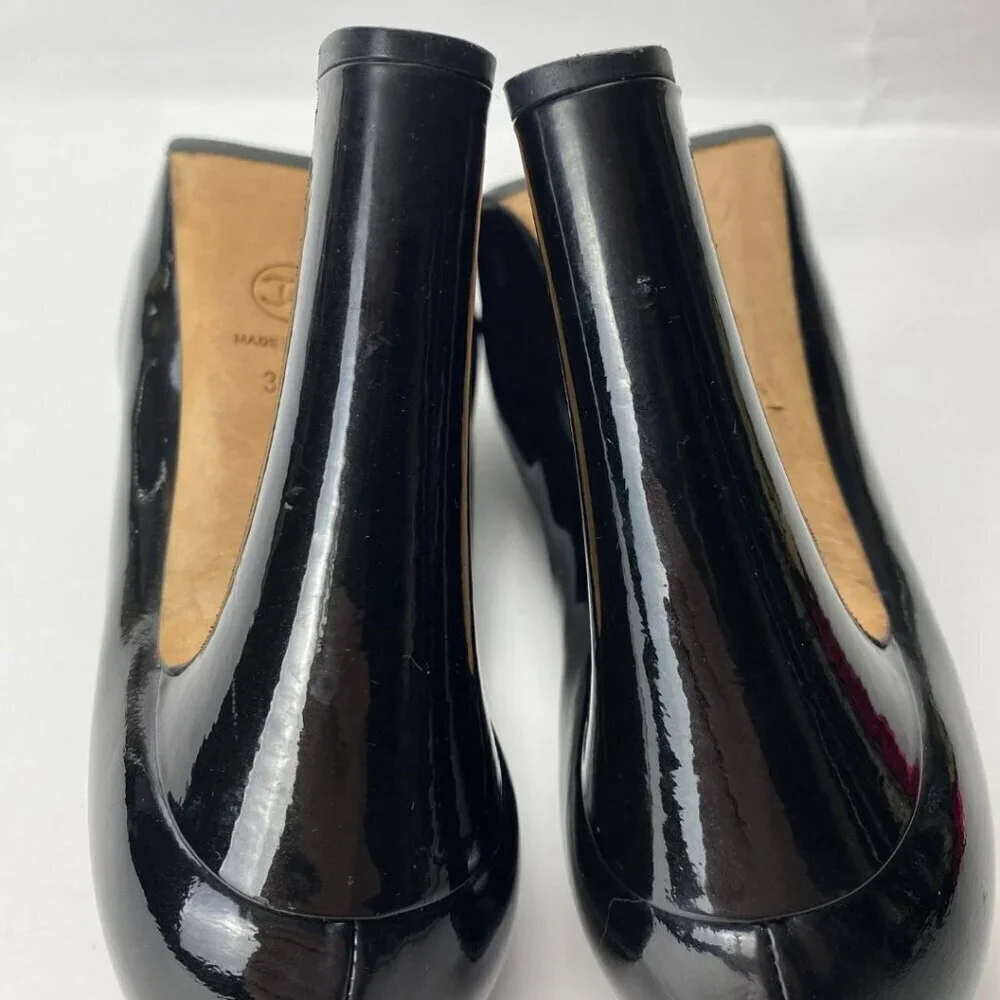 CHANEL Patent Silver Name Plate Chrome Logo Cap Toe Black Chunky Pumps Size 37.5
